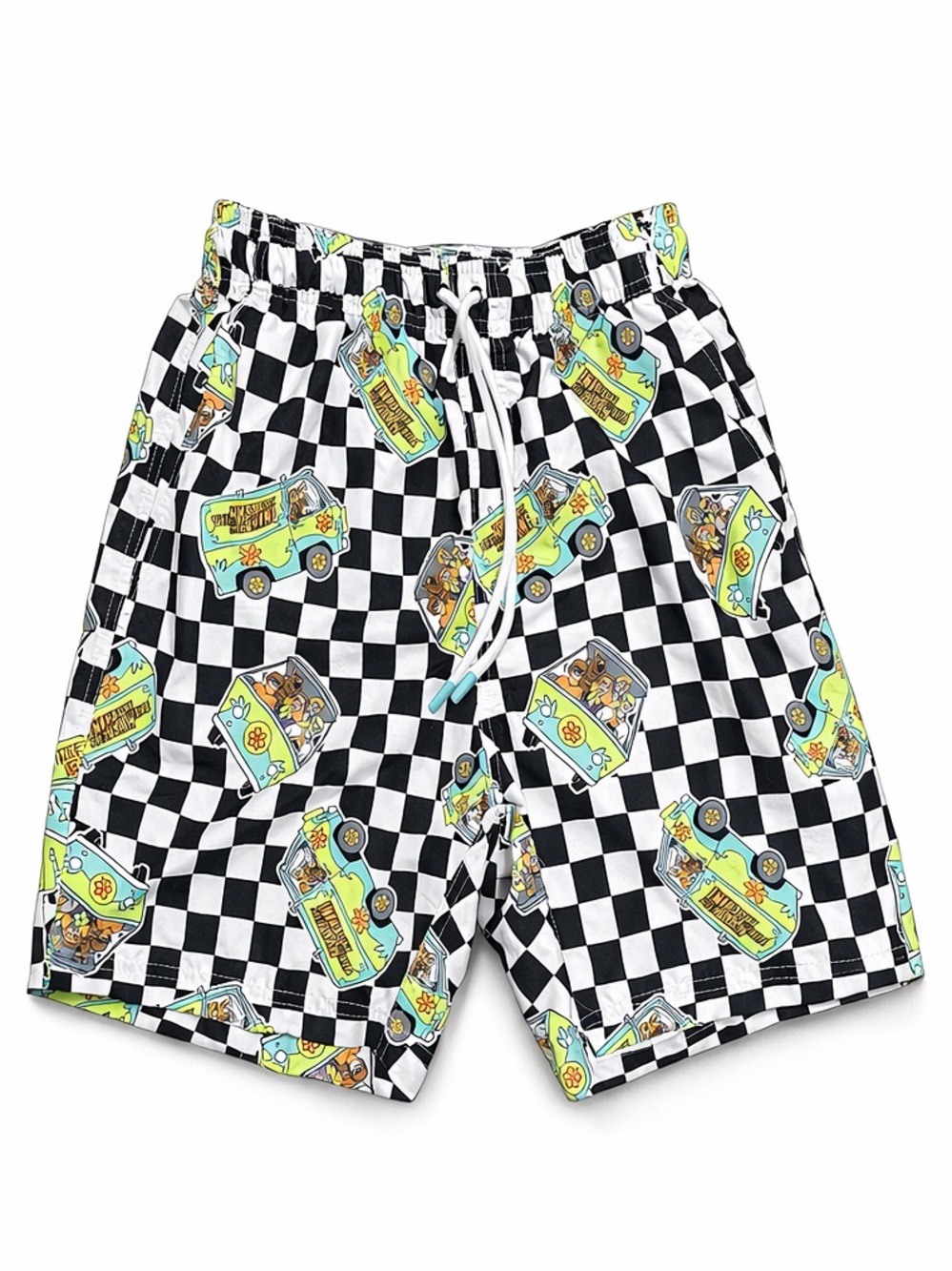 SCOOBY DOO Black & White Checkerboard Swim Shorts with Yellow-Green Van Print